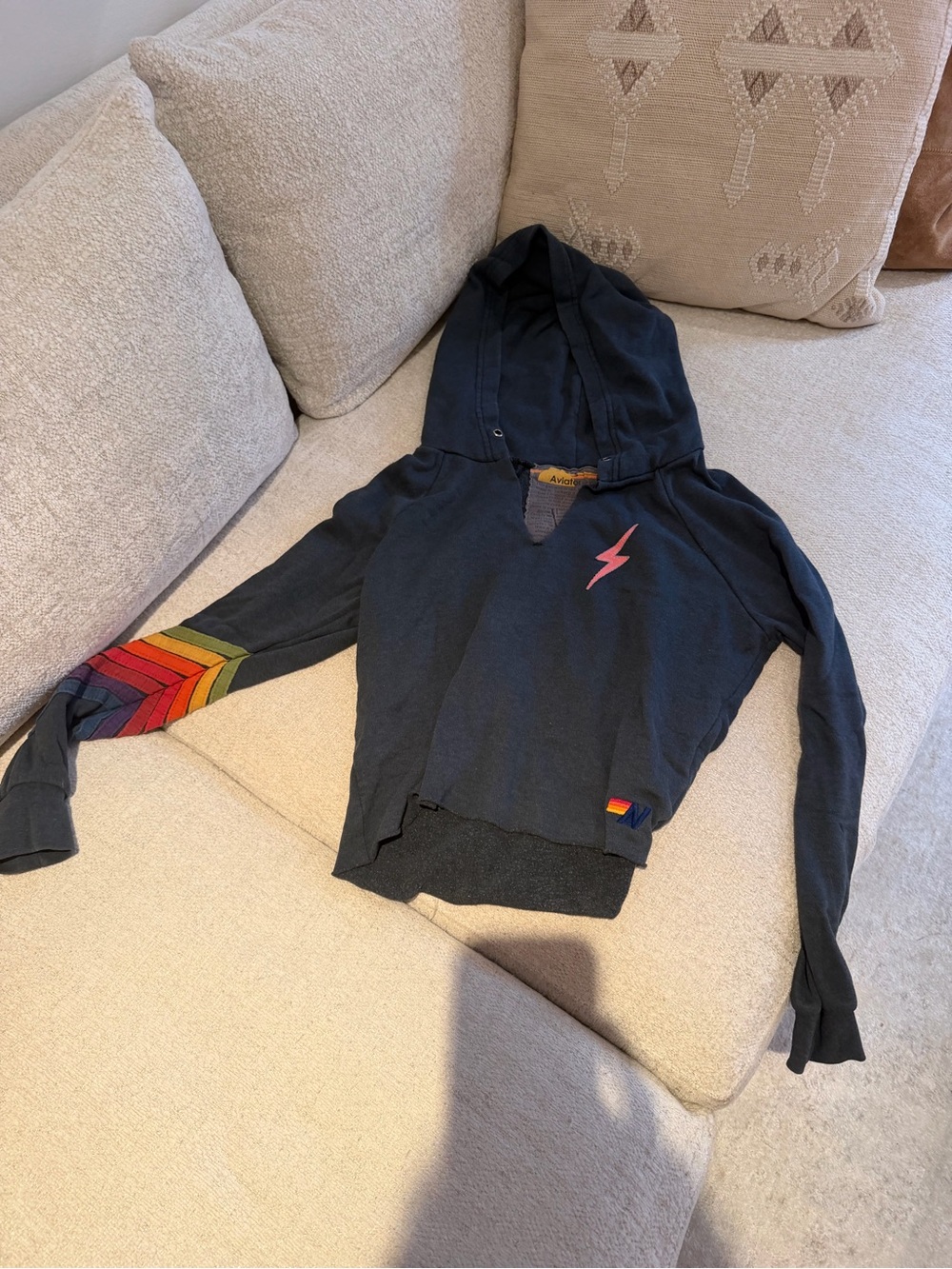 Aviator Nation Navy Cropped Hoodie with Rainbow Chevron Sleeve